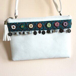 White Faux Leather Boho Coin Charm Crossbody Bag